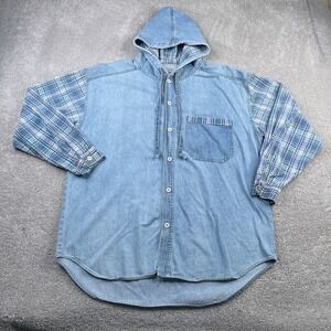 Vintage IOU Denim Shirt Mens XL Blue Denim Plaid Sleeves USA‎ Made Grunge 90s